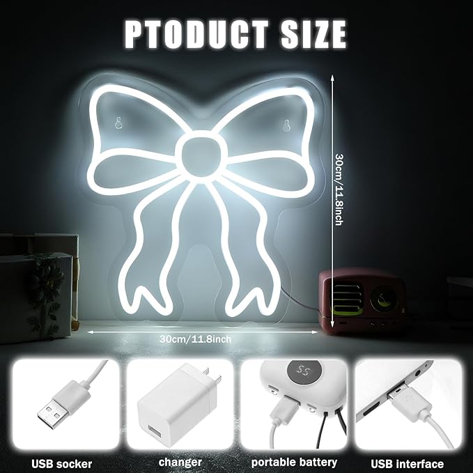 Retisee Bow LED Neon Sign Bedroom Women Room Neon Light Sign Coquette Aesthetic Home Wall Preppy Dorm Beauty Room Salon Decor Party Bar Decoration Gift for Her 11.8x11.8in (White)