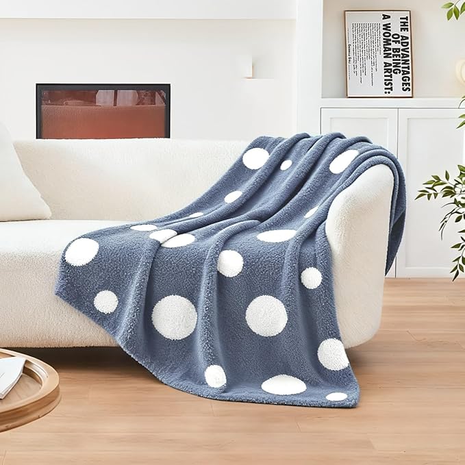 CozeCube Super Soft Fullfy Microfiber Reversible Knitted Blankets, Warm Cozy Fuzzy Plush Throw, Dusty Blue and White Polka Dot Throw Blanket for Couch Bed Sofa, 50" x 60"