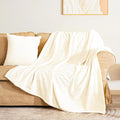 Vessia Flannel Fleece Cream Throw Blanket(50x71 Inch) for Couch with Pillow Cover(18 * 18 Inch), Warm Cozy Soft Striped Pattern Blanket, Microfiber Ivory Ribbed Sofa Throw for All Season
