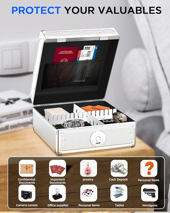 AICase Biometric Fingerprint Storage Box Portable Money Jewelry Safe Combination Lock for Car Home Office Travel_01