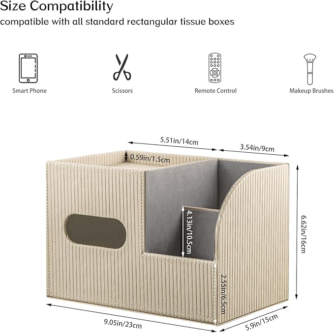 Fanousy Modern PU Leather Cube Tissue Box Cover with Storage Tray, Multifunctional Remote Control Holder & Facial Tissue Dispenser Organizer for Nightstand, Bathroom, Bedroom, Office & Home Decor