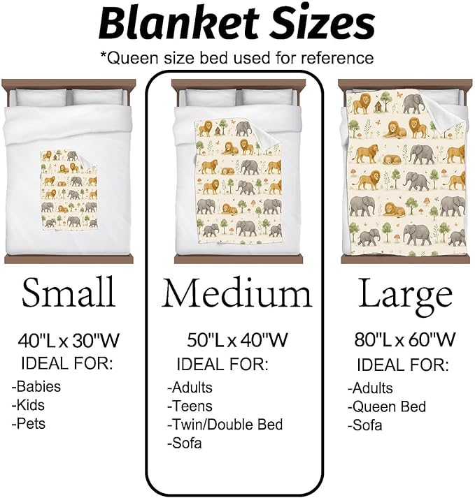 Wildlife Blanket Cute Lion and Elephant in Soft Watercolor Jungle Pattern Throw Blankets Lightweight Flannel Throws for Camping Couch Chair Bed Home Decor Gifts for Animal Lover,80x60inch
