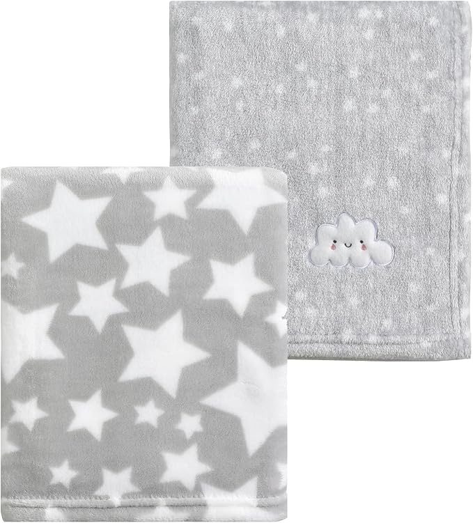 CREVENT 2Pcs 30''X40'' Cute Cozy Fluffy Warm Baby Blankets for Infants Toddlers' Bedding Crib Cot Stroller - Grey Cloud + Star