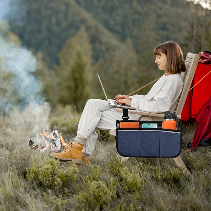 Camping Armrest Storage Bag, Chair Armrest Organizer, Car Seat Hanging Bag, Extended Back Buckle Canvas Beach Chair StorageBag, Side HangingBag For Bedside/Outdoor/Beach/Camping(blue)