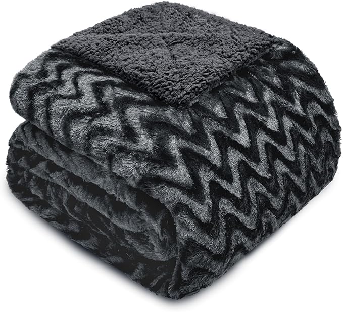Whale Flotilla Faux Fur Sherpa Throw Blanket for Couch Sofa, Cozy Reversible Fuzzy Fluffy Plush Throws for All Season, Warm and Soft, 50x60 Inch, Grey