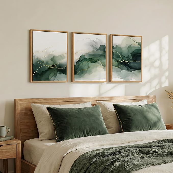 Framed Abstract Green Room Wall Decor, 3 Piece Modern Minimalist Watercolor Wall Art for Living Room, Flowing Gold Lines White Painting Print Canvas Artwork for Bedroom Home Office Walls, 12x16 Inch