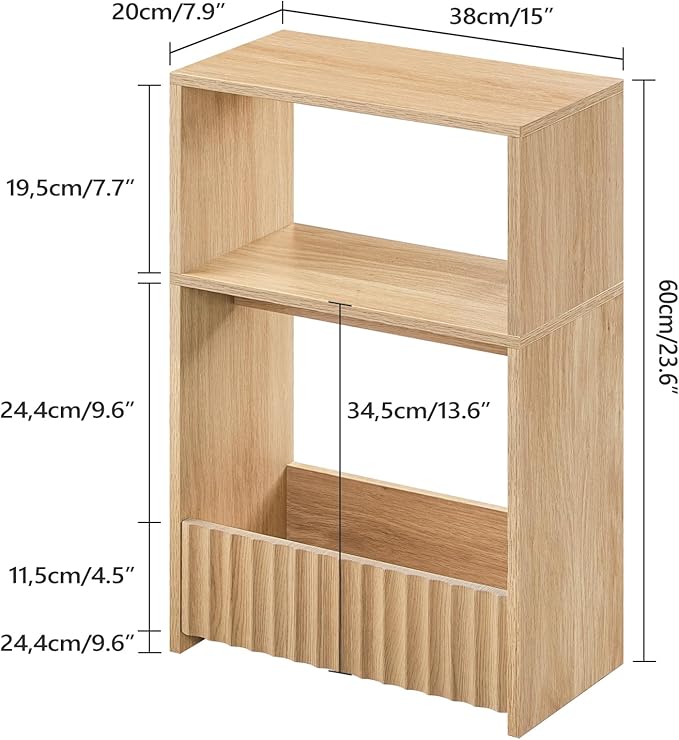 Small Narrow Side Table with Open Storage Shelves, 3-Tier Skinny End Table for Small Space, Slim Nightstand, Skinny Couch Side Table for Living Room, Bedroom, Entryway, Natural ETNA75101