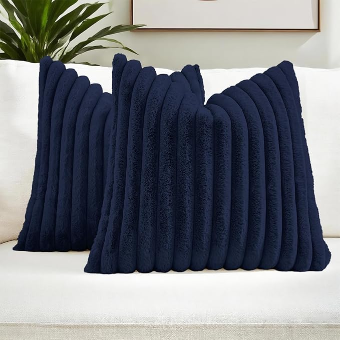 FUTEI Dark Navy Decorative Throw Pillow Covers Set of 2, 18x18 Inch Soft Fluffy Faux Fur Plush Striped Cushion Cases, Modern Home Decor for Couch Bed Living Room