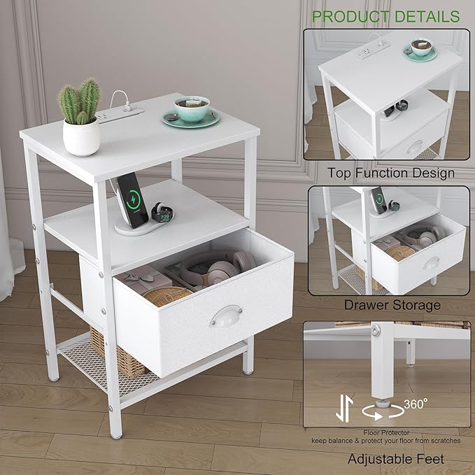 Nightstands Set of 2, Night Stands with Charging Station and Fabric Drawer PU Finish, Bedside Tables with Drawers, 2-Tier Side Table with Open Shelf, Nightstands with Charging Station,White