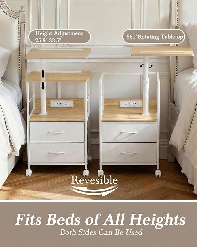 360° Swivel Nightstand with Height Adjustable, Lift Top Bedside Table with Charging Station, Rolling Night Stand with 2 Fabric Drawers, End Table with Wheels, for Bedroom, Living Room, Natural White