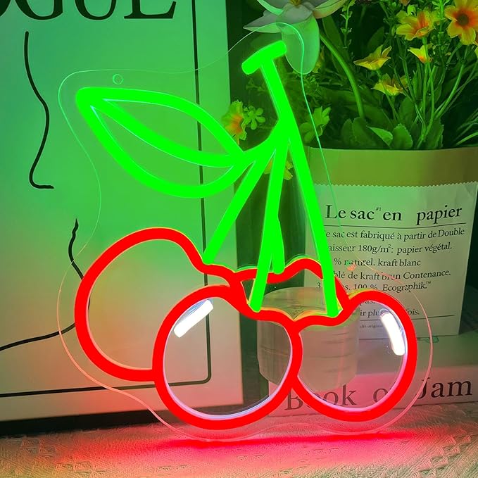 Cherry Neon Sign Cute Red Green Cherries LED Neon Light for Wall Decor Dimmable USB Fruit Light Up Sign for Boys Girls Room Restaurant Birthday Party bar Fruits Shop Decorations