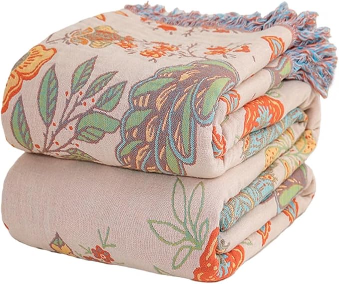 Queen Size Boho Throw Blankets for Bed Couch, 100% Cotton Rustic Quilt 80"x90", Beige,Lightweight Reversible Muslin Farmhouse Decor Fall Throw Blankets for Armchair,Picnic,Sofa,Best Gifts