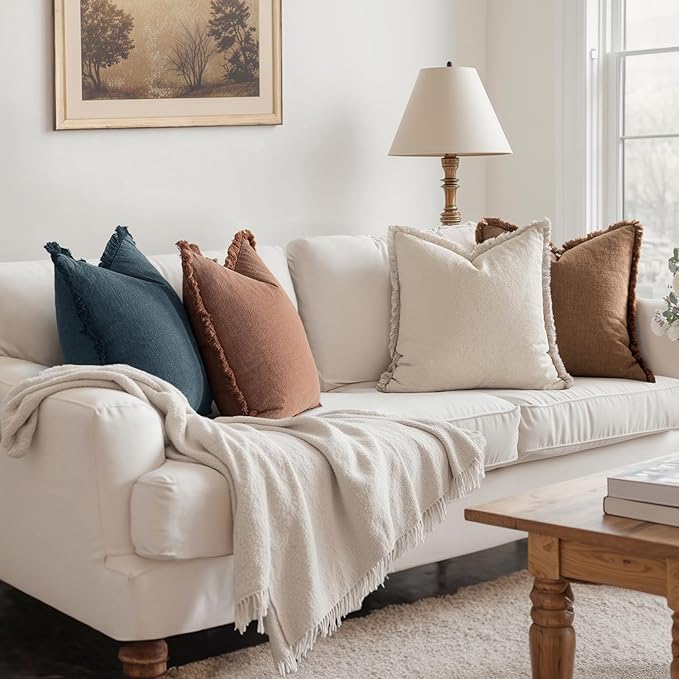 MIULEE Decorative Couch Pillow Covers Neutral Linen Fringe Throw Pillows Set of 4 Modern Rustic Cushions Boho Farmhouse Pillowcases for Bed Sofa Living Room Spring Decor 22x22 Inch Beige/Brown/Blue