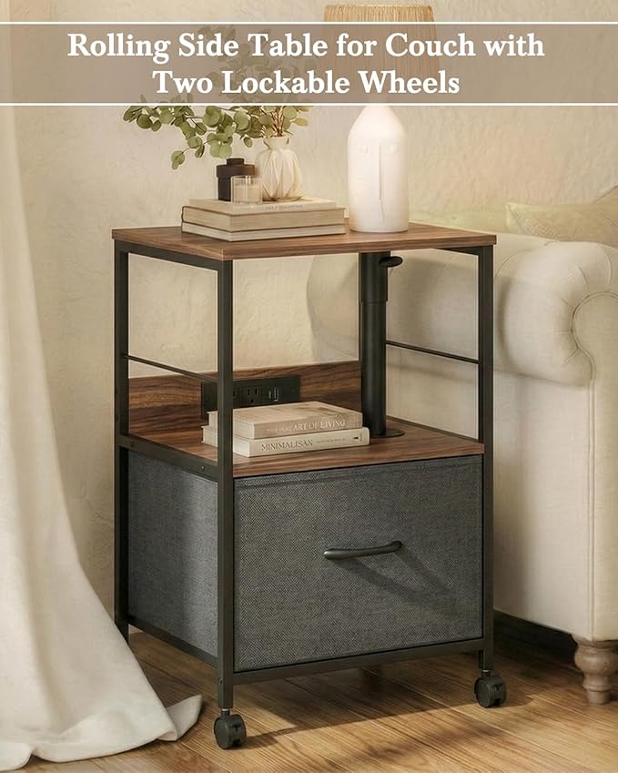 360° Swivel Nightstand with Height Adjustable, Lift Top Bedside Table with Charging Station, Rolling Night Stand with Fabric Drawer, End Table with Wheels, for Bedroom, Living Room, Walnut Gray