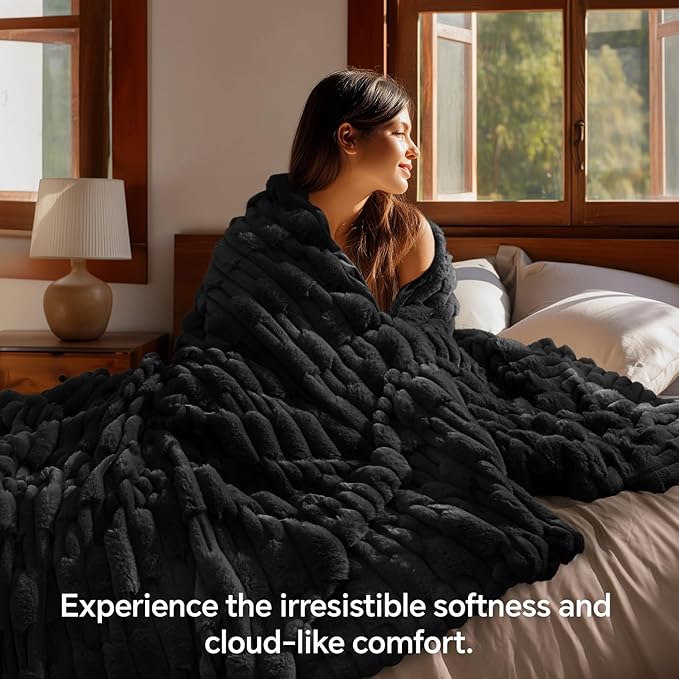 BEDELITE Faux Fur Black Throw Blanket for Couch - Super Soft & Cozy Plush Striped Blanket for Sofa and Room Decor, Luxury Fluffy All-Season Blankets Gift for Women, Men, Mom, Dad, 50x60 inch, Black