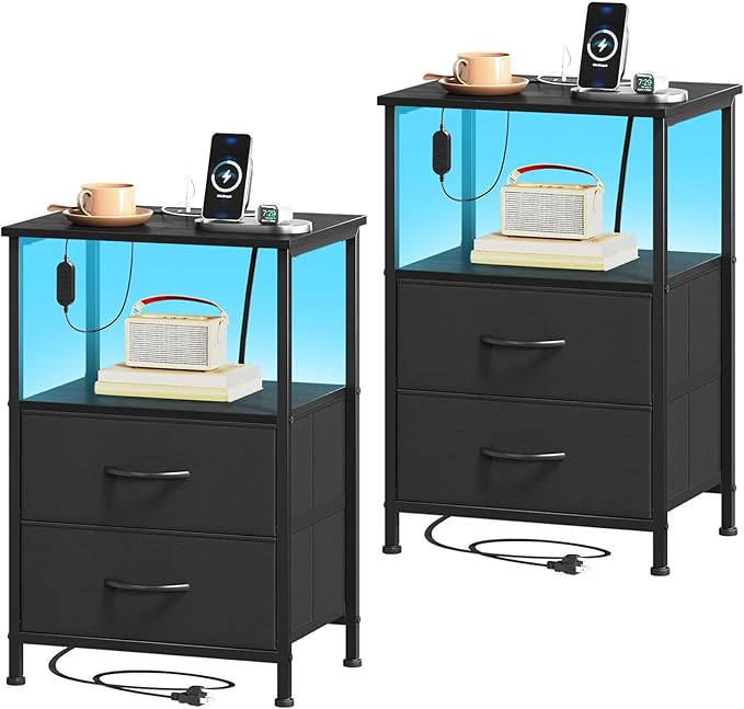 Somdot Nightstands Set of 2,End Tables with Charging Station and LED Lights,Black Night Stand with 2 Fabric Drawers, Bedside Table for Dorm Guest Room Bedside Kids Entryway Hallway, Black