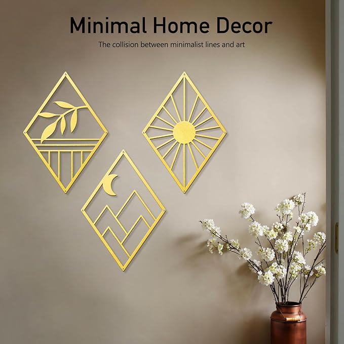 Sokurdeg Gold Metal Wall Art, Boho Minimalist Geometry Wall Art, Bohemian Abstract Line Metal Art Wall Decor for Bedroom Bathroom Living Room (3 Pack, 12 x 17 in)