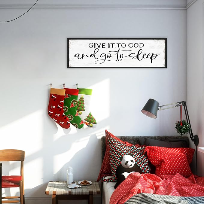 Give It to God and Go to Sleep Sign Wall Art - Bedroom Signs Wall Decor Above Bed - Farmhouse Guest Room Decor - Master Bedroom Decoration 12 × 40 Large Black Framed Hanging