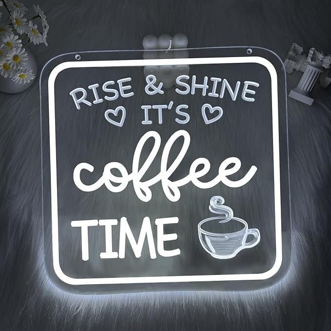 Farmhouse Coffee Bar Sign,Rise & Shine It's Coffee Time Neon Signs for Cafés Coffee Bar Accessories Home Kitchen Led Sign Wall Decor