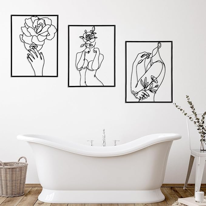 GOKURVG Wall Art Over Bed Wall Decor 3Pcs Metal Wall Art Above the Bed Wall Decor Minimalist Single Line Art Female Body Floral Gold Room Decor for Bedroom Modern Wall Art for Indoor 16.5x12.5in