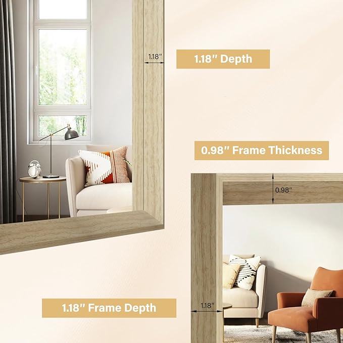 Oak Wood Effect Framed Wall Mirror, 30x36 Rectangle Mirror, 1/8" Anti-desilvering Tempered Glass, Sustainable& Sturdy Frame, Anti-Rust, HD Reflection &3min Fast Setup for Bathroom Living Room