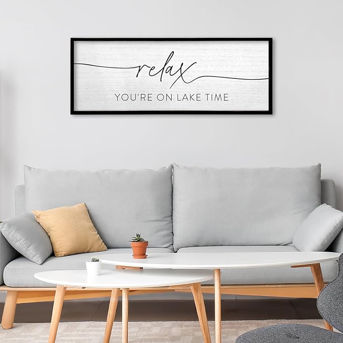 TQianJiang Relax You're On Lake Time Wall Decor 40"×15" Lakeside Quote Sign Lake House Decor for Living Room Bedroom Large Rustic Wooden Framed Wall Hanging Art (Black)