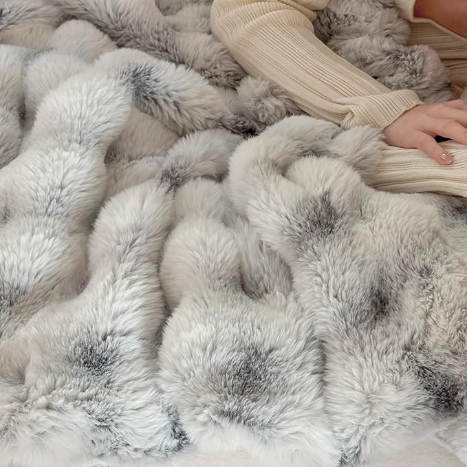 Luxury 1000GSM Double-Sided 3D Bubble Throw Blanket, 50x60 Inches, Reversible Two-Tone Faux Rabbit Fur, Frosted Black & Khaki White-Tipped, High-Density Ultra Soft Warm Blanket for Sofa