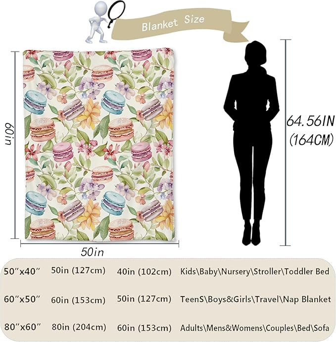Macaron & Floral Blanket | Soft Fuzzy Warm Lightweight Flannel Throw Blanket Perfect for Couch, Bed, Travel & Outdoor Use, Cozy Blankets for Adults Kids Women 80×60 in