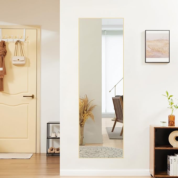 DUMOS Full Length Mirror 59"x17" Full Body Floor Mirror for Bedroom or Cloakroom, Can Stand Alone, Hang or Lean Against Wall, Tall Wall Mirror with Stand and Sleek Aluminum Alloy Thin Frame