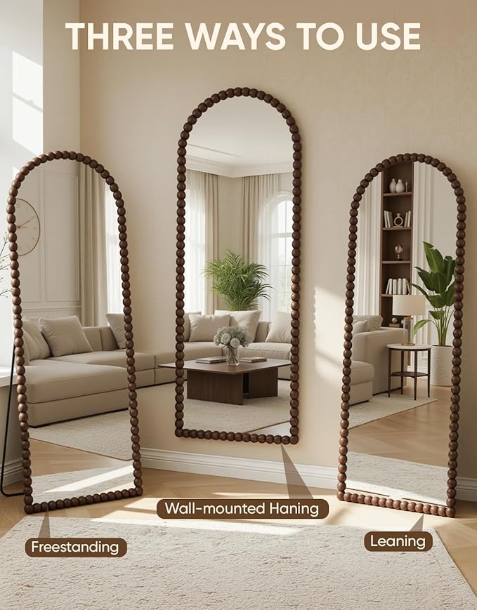 Antok 71" x 28" Arched Full Length Mirror, Antique Beaded Frame Floor Standing or Wall Mounted Mirror with Stand for Bedroom, Entryway, Brown, Luxury Style