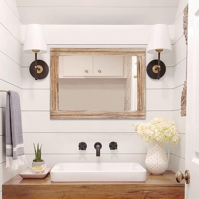 AAZZKANG Rustic Mirror for Wall with Rectangle Wood Framed Decorative Hanging Mirrorrs Large 28"x20"for Bedroom Bathroom Living Room Dressing Room