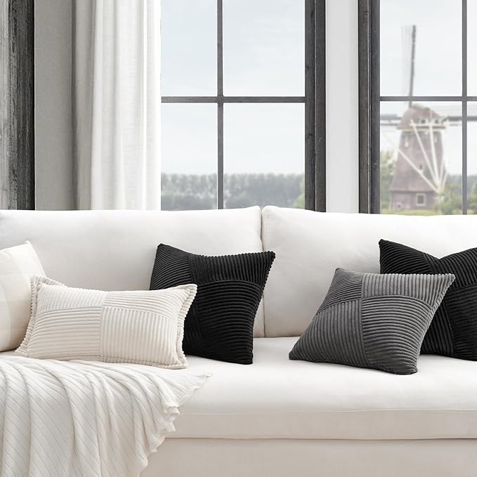 Topfinel Black Set of 2 Decorative Throw Pillow Covers 18x18 Inch for Couch Sofa Bed Pillowcases, Farmhouse Boho Rustic Home Decor,Soft Corduroy Windmill Textured Striped Patchwork Cushion Cases