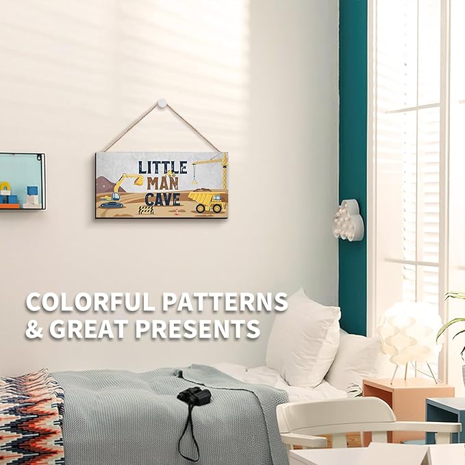 ZIEYOMI- Little Man Cave Sign Boys Room Decor, Construction Bedroom Decor Hanging Wall Art, Wooden Plaque Decorations for Nursery Boys Kids Toddler Playroom Living Room
