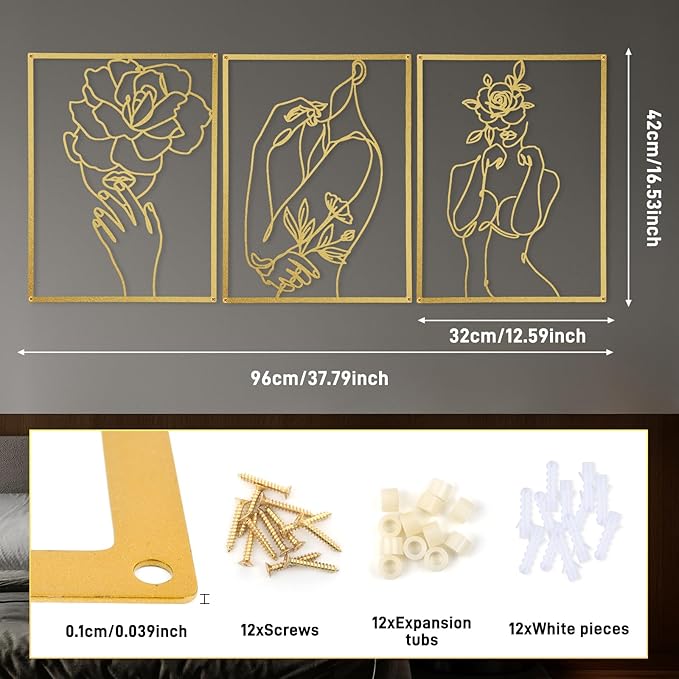 GOKURVG Wall Art Over Bed Wall Decor 3Pcs Metal Wall Art Above the Bed Wall Decor Minimalist Single Line Art Flower Woman Wall Art Gold Room Decor for Bedroom Modern Wall Art for Indoor 16.5x12.5in