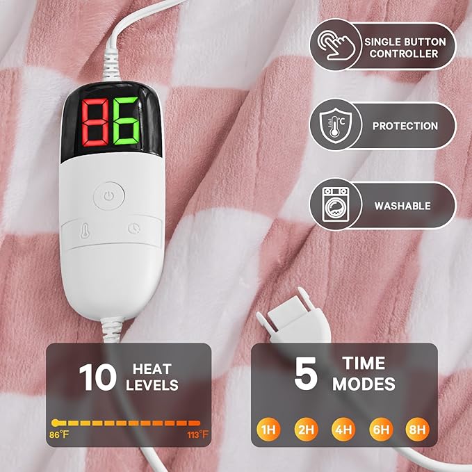 Light Pink Heated Blanket Electric Throw, 50X60 Heating Blanket with 10 Heat Levels & 8 Hours Auto Off for Lap, Checkered Plaid Soft Sherpa Blankets for Mom Grandma Women Couch