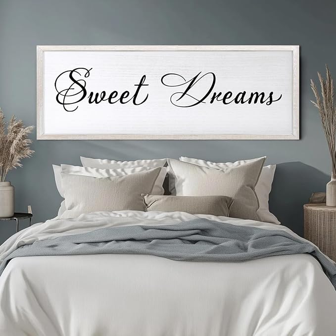 Sweet Dreams Wall Decor Above Bed 40x15 Inch Large Master Bedroom Hanging Wood Rustic Framed Farmhouse Sweet Dreams Sign Guest Room Aesthetic And Minimalist Over Bed Wall Art（White）