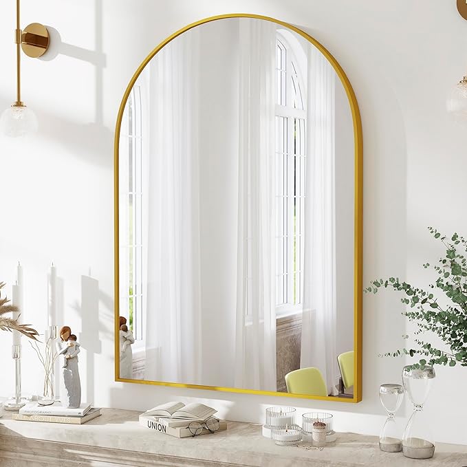 24x36 Arch Mirror Rectangle Full Length Wall Mounted Hanging or Against Wall Metal Aluminum Alloy Frame Dressing Make-up Mirrors for Entryway Bedroom Bathroom Living Room 24 36 inch Gold