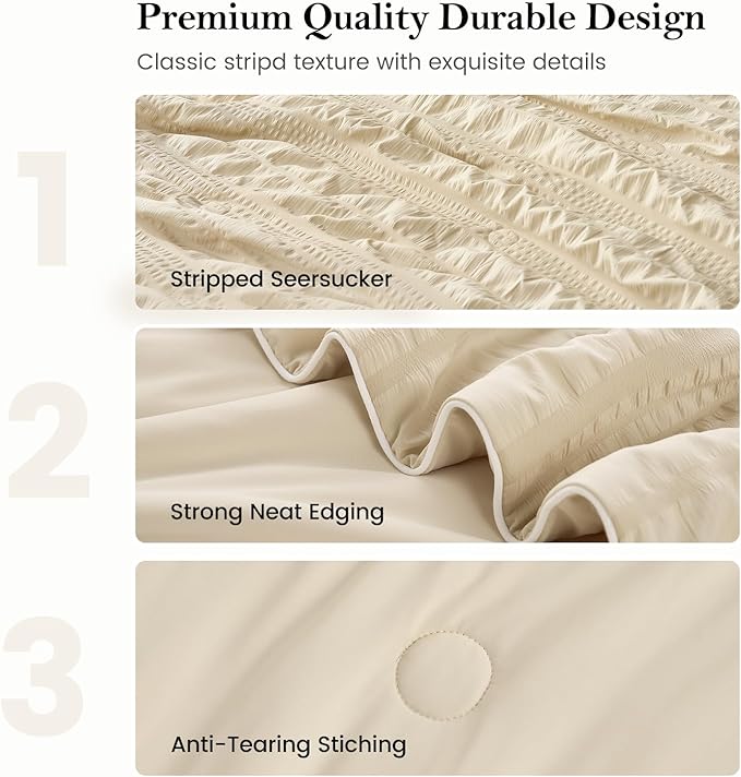 Cozy Bliss Striped Seersucker Cooling Comforter King Size, Lightweight Airflow Silky Cooling Bedding with Q-Max>0.45 for Bedroom, Home Decor, Hot Sleepers & Night Sweats, Khaki 106"×90"