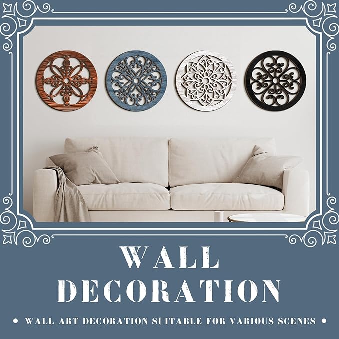Yulejo 4 Pcs Thicken Rustic Wall Decor Farmhouse Wall Art Wooden Hollow Carved Design Rustic Round Art for Living Room Bedroom Hallway Decor Kitchen(15.7 x 15.7 Inch,groovy Style,Assorted Color)