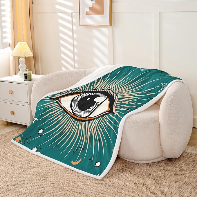 Eye Stars Crescent Throw Boho Sun Moon Fleece Blanket Soft Lightweight for Bed Couch, Exotic Tribal Indian Fatima Hamsa Oriental Mysterious Sherpa Blanket for Kids Teen Adults, 50"x60"