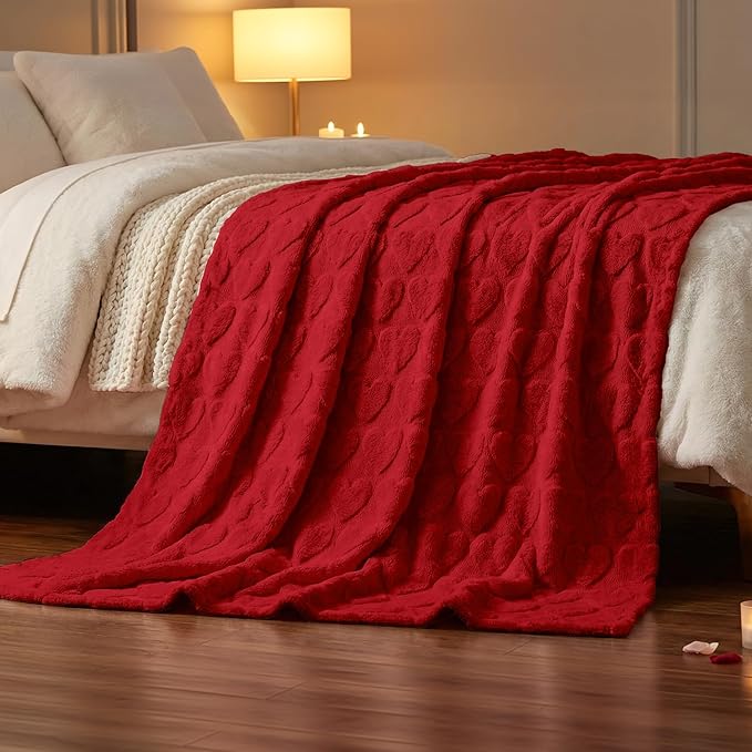 Horaldaily Valentine Blanket Throw, Red Love Heart Soft Fuzzy Plush Faux Fur Cozy Blankets for Couch Sofa Bed Lounging, Ideal Gifts for Kids Adults Wife Self, 50x60