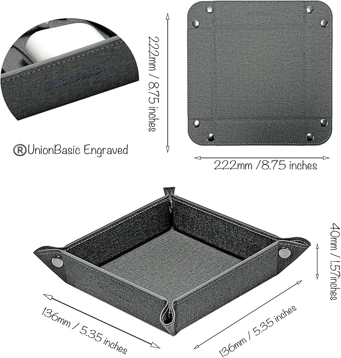 UnionBasic Small Valet Tray, Jewelry Tray for Rings Watches Earrings, Entryway Catchall Caddy for Coins Keys Change, Nightstand Bedside Valet Holder, Trays for Electronic Gadgets, Barry Grey