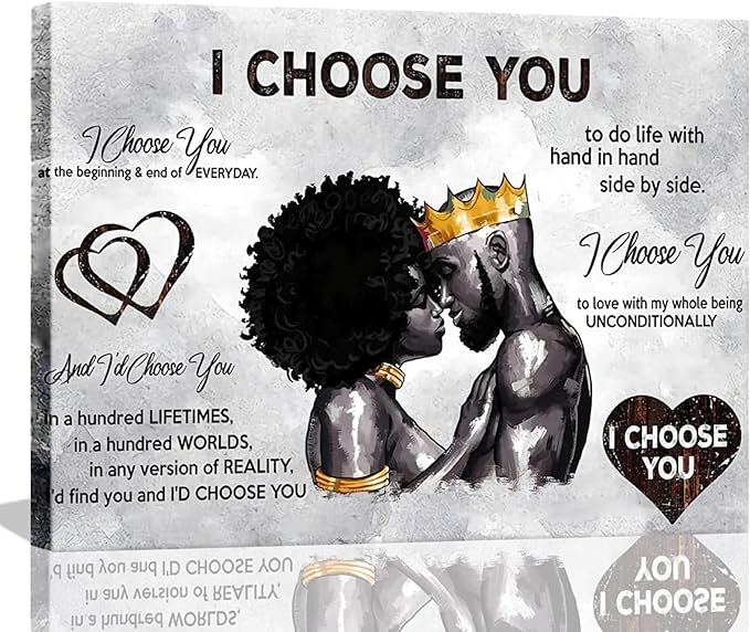 Framed African American Canvas Prints Black Couple I Choose You Poster Black King and Queen Wall Art Afro Black Romantic Couple Wall Art for Bedroom Living Room Decor(Black couple, 16in×12in)