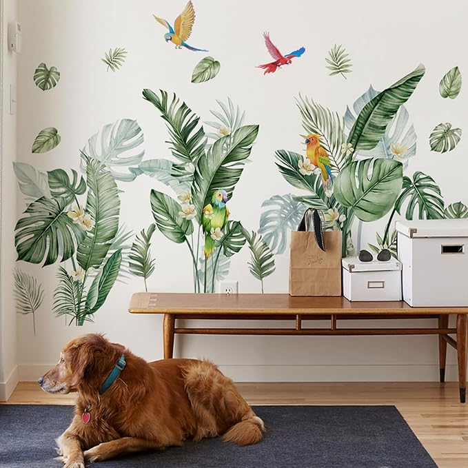TUOKING Green Plants Wall Stickers Removable Bird Wall Murals Peel and Stick Wall Art Decal Home Decor for Kitchen,Bedroom,Living Room(MS7596)