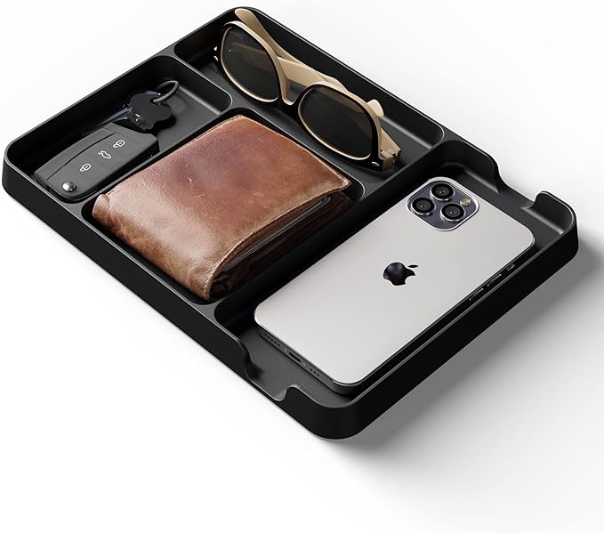 Pocket Deck Valet Tray (Black) for Men. Everyday Carry EDC Caddy Bamboo Organizer. Perfect for Night Stand, Bedside, Dresser, Desk, Office, Bedroom. with Phone Charger. Storage Slots for Wallet, Keys