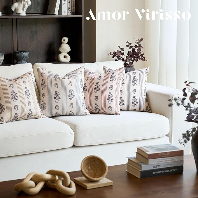 Amor Virisso Floral Throw Pillow Covers 18x18 Set of 2 Block Print Pillow Covers Neutral Floral Striped Farmhouse Decorative Pillow Covers for Sofa Couch Bed, Light Taupe