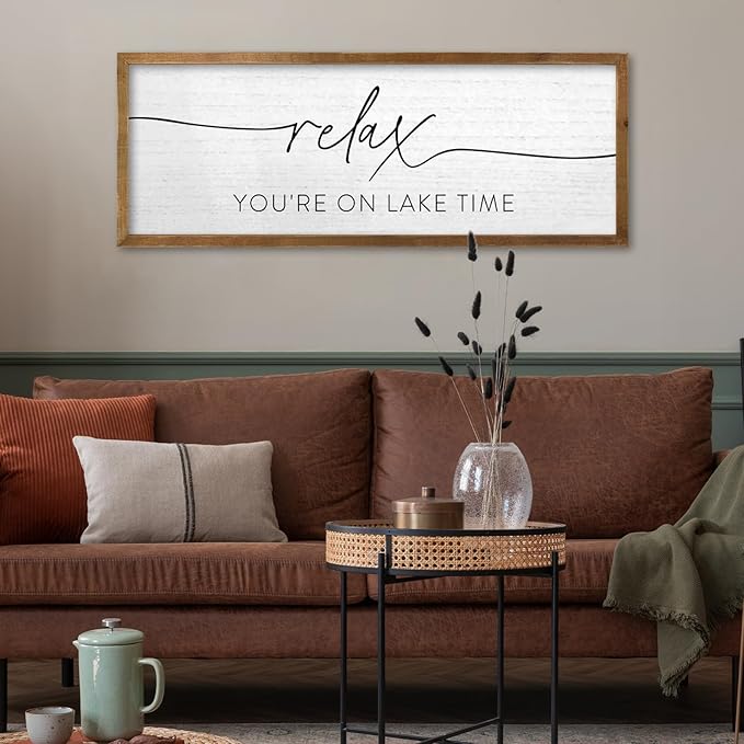 TQianJiang Relax You're On Lake Time Wall Decor 32"×12" Lakeside Quote Sign Lake House Decor for Living Room Bedroom Large Rustic Wooden Framed Wall Hanging Art (Wood)