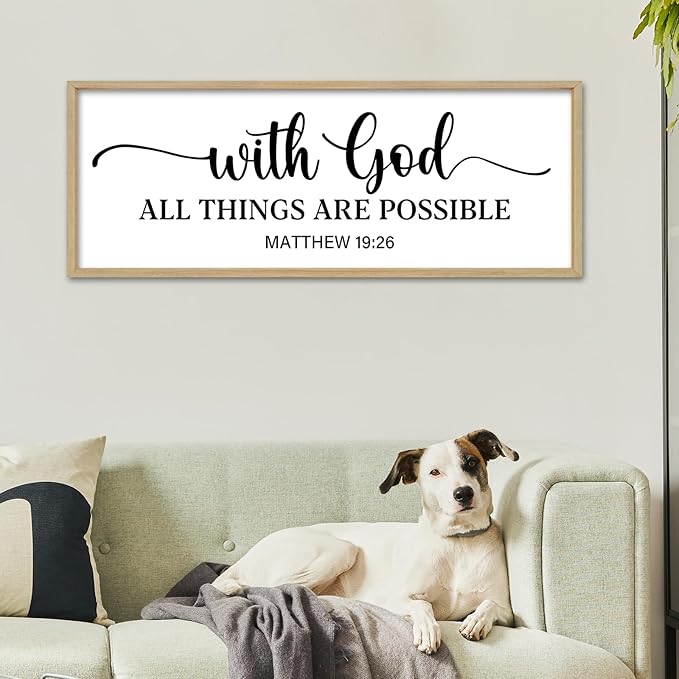 With God All Things Are Possible Sign Wall Decor 40"×15" Matthew 19:26 Bible Verse Jesus Religious Christian Scripture Prayer Large Wooden Framed Wall Hanging Art (Wood)