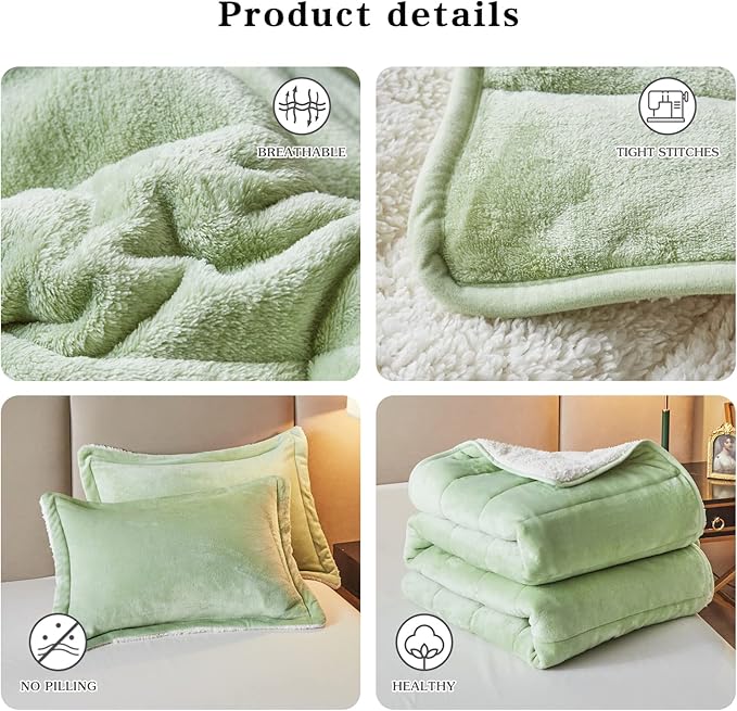 3-Layer Luxury Flannel Fleece Thick Bed Blanket King Size, Soft Plush Velvet Sherpa Blanket with 2 Pillow Shams Heavy Warm for Winter, Breathable n Washable, Mint Green