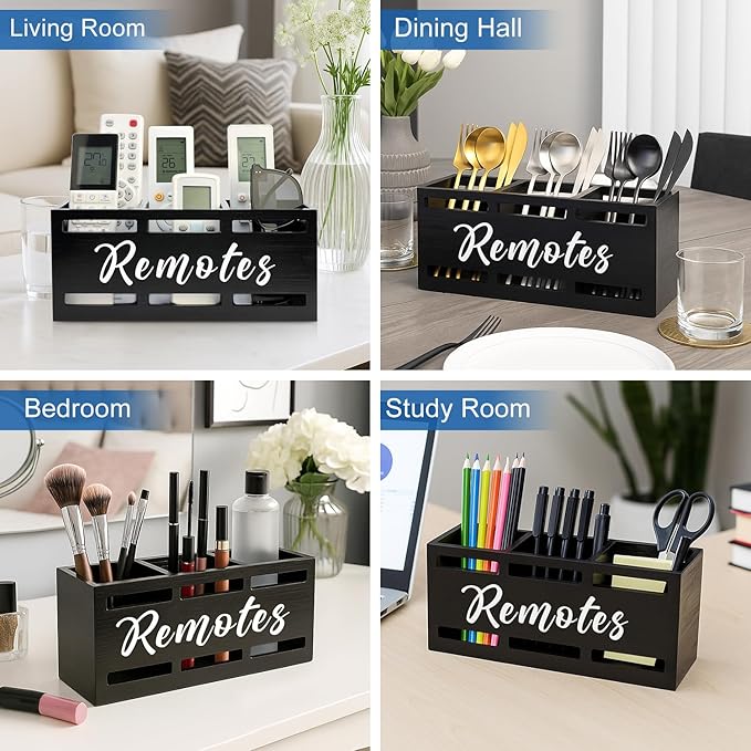 TV Remote Holder Wall Mount Remote Control Holders for Bed Wood Bedside Organizer Table Caddy Controller Holder Wall Mount Remote Controls Box Remotes Storage Black Caddies with 3 Slots